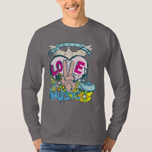 Peace Love Music - Sixties 1960イラストレーション Tシャツ (正面)