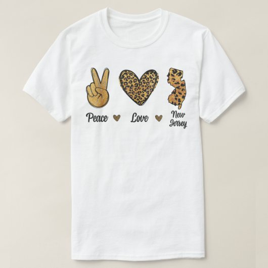 Peace Love New Jersey Leopard Flag Map Souvenirs M Tシャツ (デザイン正面)