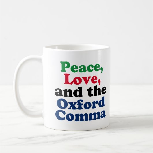Peace Love Oxford Comma English Grammarユーモア コーヒーマグカップ (左)