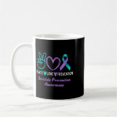 Peace Love Prevention Suicide Awareness Teal Purpl コーヒーマグカップ (左)
