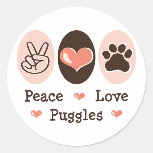 Peace Love Pugles Stickers ラウンドシール (正面)