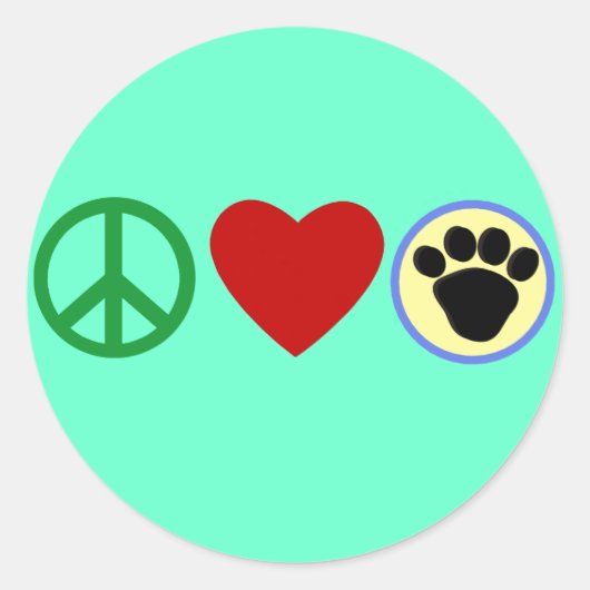 Peace Love Puppy Paws Tシャツ、ギフト ラウンドシール (正面)