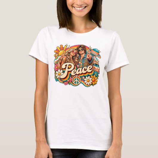 Peace & Love – Retro 70s Hippie Rainbow Tシャツ (正面)