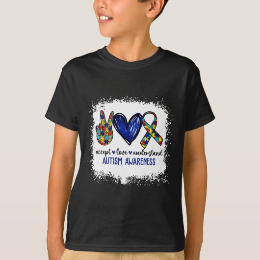 Peace Love Ribbon自閉症意識Accept Love Und Tシャツ (正面)