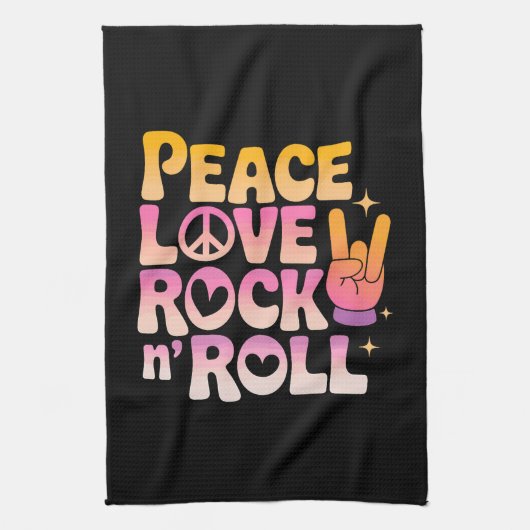 Peace Love Rock n Roll – 音楽 – インスパイアタイポグラフィ キッチンタオル (縦)