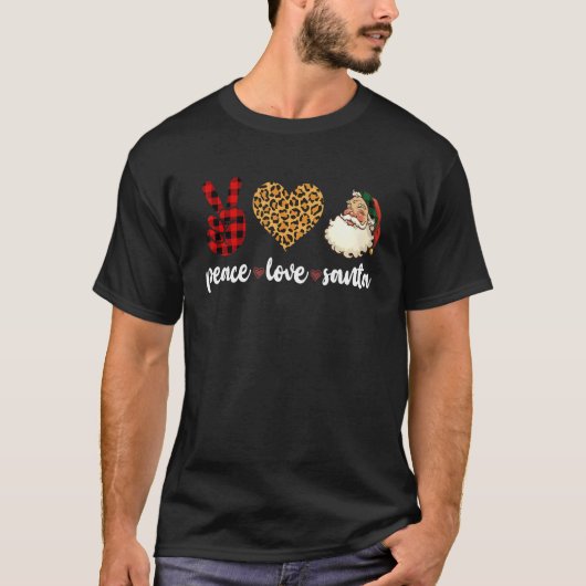 Peace Love Santa Leopard Buffalo Plaid Christmas Tシャツ (正面)