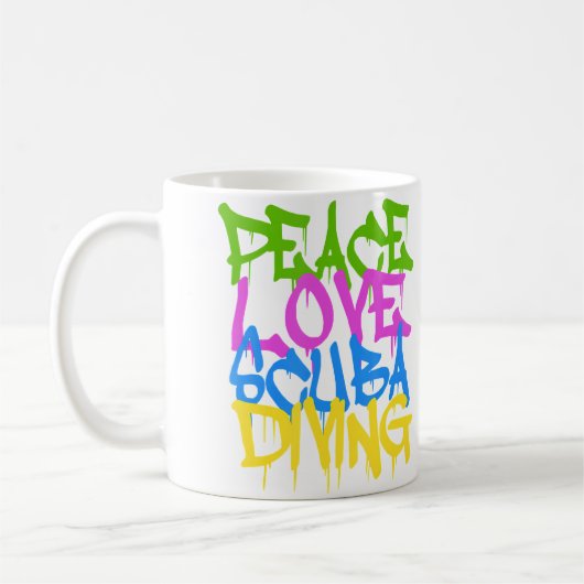Peace Love Scuba Diving コーヒーマグカップ (左)