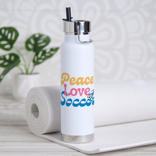 "Peace Love Soccer" サッカー選手、コーチ、ファン ウォーターボトル (ヨガ (回転後))