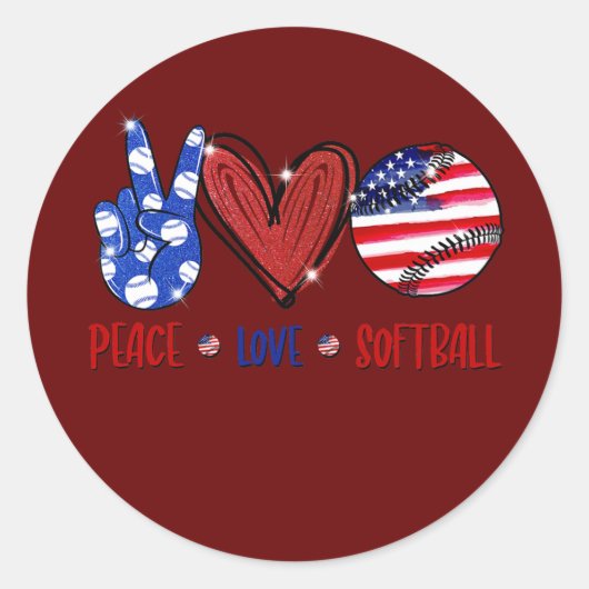 Peace Love Softball Softball USAアメリカ国旗  ラウンドシール (正面)