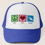 Peace Love Surfing キャップ<br><div class="desc">A peace sign,  a heart,  and beautiful blue waves crashing in the ocean.</div>