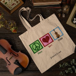 Peace Love Violin Cute Personalized Violinist トートバッグ<br><div class="desc">Cute peace sign,  heart and violin on a pretty personalized tote bag for a violinist. Peace Love Violin.</div>