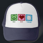 Peace Love Volleyball キャップ<br><div class="desc">A peace sign,  heart,  and a pretty volleyball on a blue square. I love volleyball,  beach,  indoor,  you name it!</div>