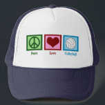 Peace Love Volleyball キャップ<br><div class="desc">A peace sign, heart, and a pretty volleyball on a blue square. I love volleyball, beach, indoor, you name it!</div>