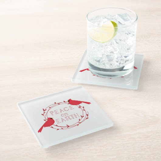Peace on Earthクリスマス深紅色 ガラスコースター (アングル)