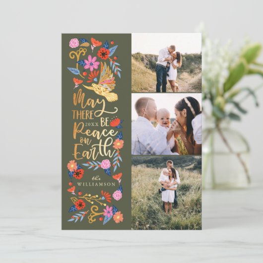 Peace on Earthフローラフォークアートグリーンフォト シーズンカード (スタンド正面)