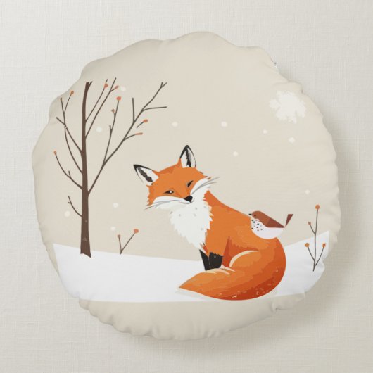 Peace on Earthミニマルキツネ鳥かわいい動物 ラウンドクッション (裏面)