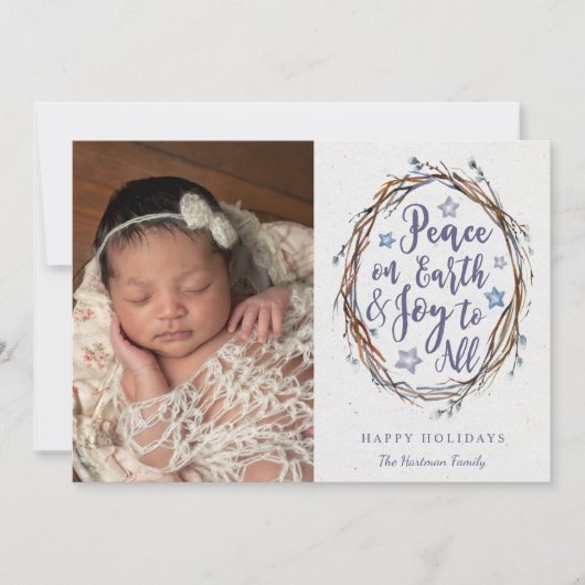 Peace on Earthリース素朴クリスマスフォト シーズンカード (正面)