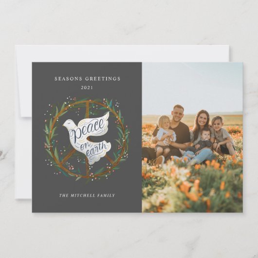 Peace on EarthレタリングDove Peace Sign Photo シーズンカード (正面)