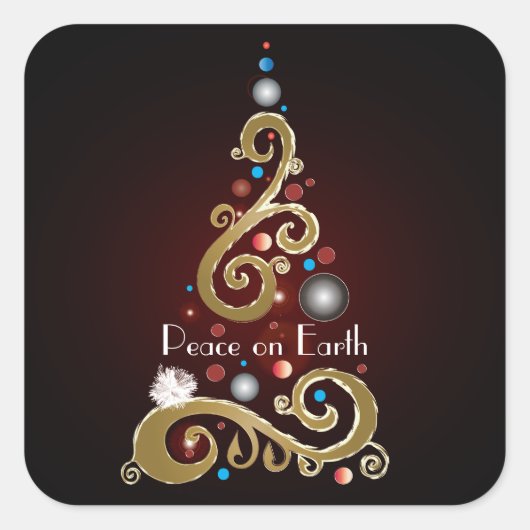 Peace on Earth引用文と金ゴールドクリスマスツリー スクエアシール (正面)