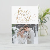 Peace On Earth手書き文字のスクリプト金ゴールド写真 シーズンカード (スタンド正面)