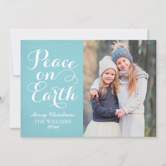 Peace on Earth美しいスクリプトアクアフォトホリデー シーズンカード (正面)