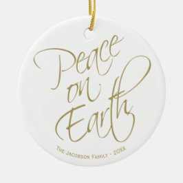 Peace On Earth金ゴールドスクリプトクリスマスフォト セラミックオーナメント