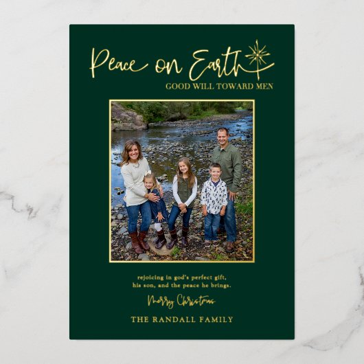 Peace on Earth Burgundy Photo Christmas Elegant 箔シーズンカード (正面)
