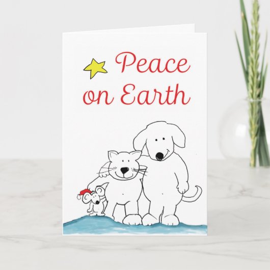 Peace on Earth Cat, Mouse and Dog Holiday Greeting カード (正面)