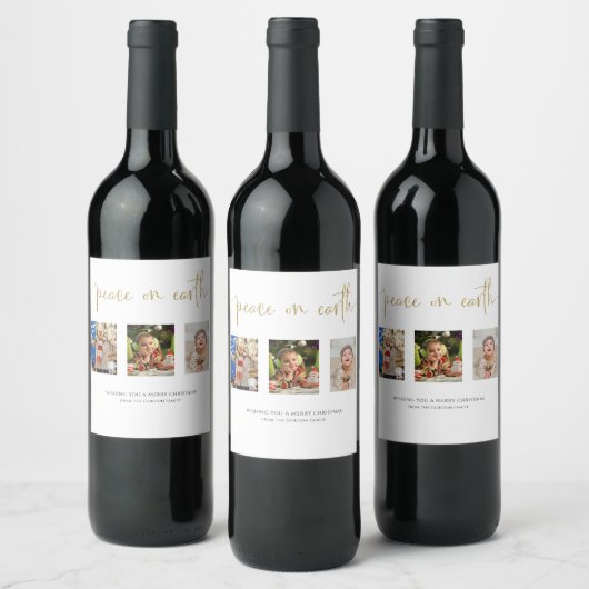 Peace on Earth Christmas 3フォトコラージュグリッター ワインラベル (ボトル)