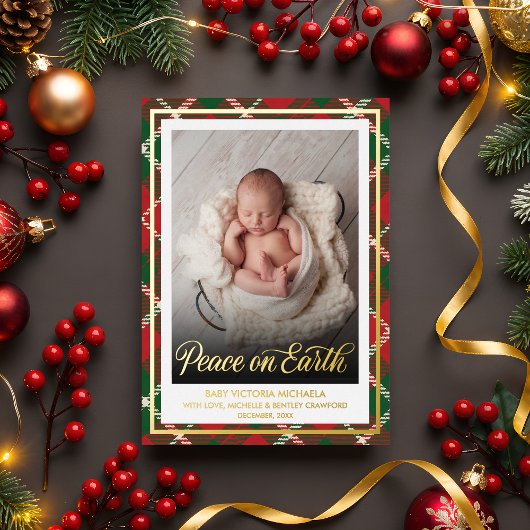 Peace on Earth | Christmas Baby Photo Plaid  箔シーズンカード