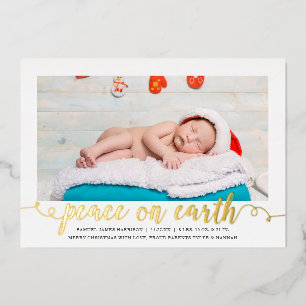 Peace on Earth Christmas Photo Birth Announcement 箔シーズンカード