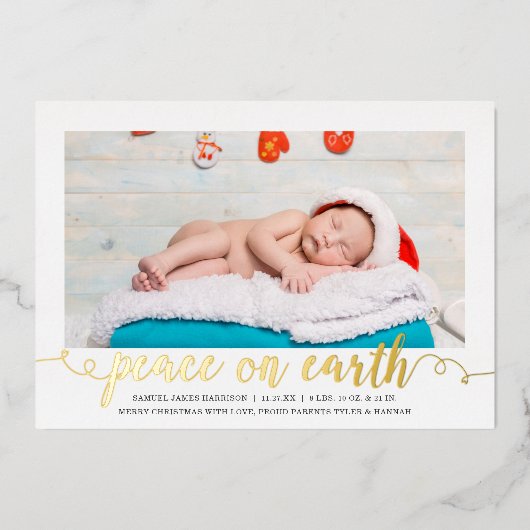 Peace on Earth Christmas Photo Birth Announcement 箔シーズンカード (正面)