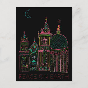 PEACE ON EARTH City明るいネオンオンオンブラック シーズンポストカード