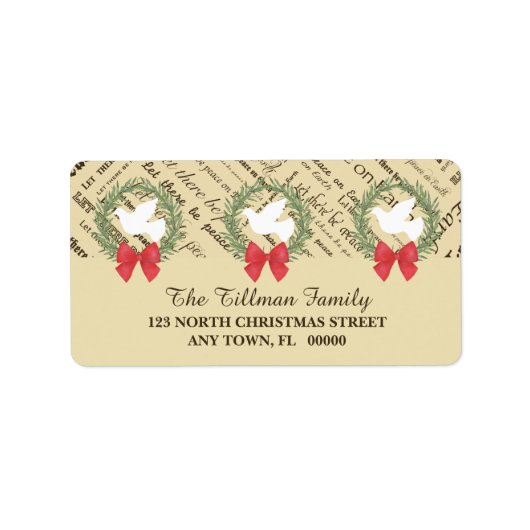 Peace on Earth Dove、オリーブ葉タイポグラフィ、ボウ ラベル (正面)