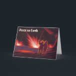 Peace on Earth, Vintage Christmas, Science Fiction シーズンカード<br><div class="desc">簡単カスタマイズのクリスマスカード名を追加！または簡単にカバー文字または内部メッセージを選択のホリデーメッセージに変更する。ヴィンテージイラストレーションSFエイリアンは、背景に花火の中で隕石が爆発する外国の惑星に手を振る。</div>