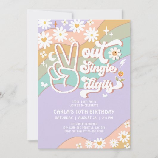 Peace Out 独身の Digits Groovy 10誕生日 招待状 (正面)