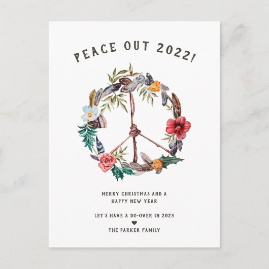 Peace Out 2022 | ボヘミアン フラワー 新年リース ポストカード (正面)