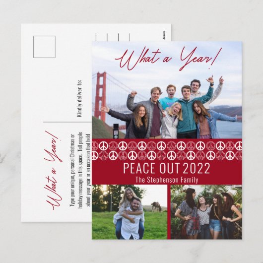Peace Out 2023 What A Year 3フォトコラージュ – 赤 シーズンポストカード (正面/裏面)