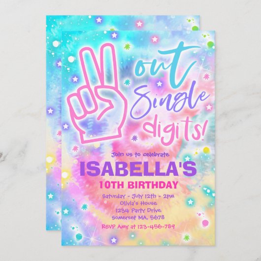 Peace Out Digits Hippy絞り染め誕生日Inv 招待状 (正面/裏面)