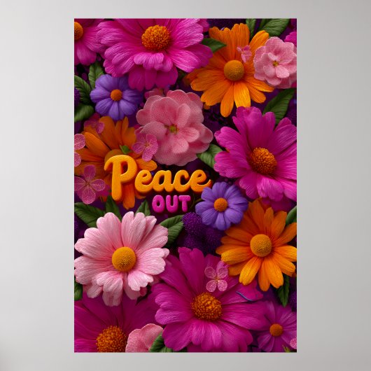 Peace Out Hippie Floral Neon Peace Sign Pattern ポスター (正面)