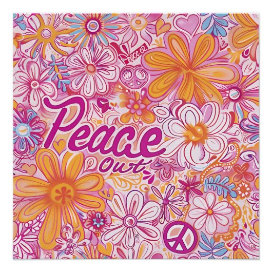 Peace Out Hippie Floral Peace Sign Retro Pattern ポスター (正面)