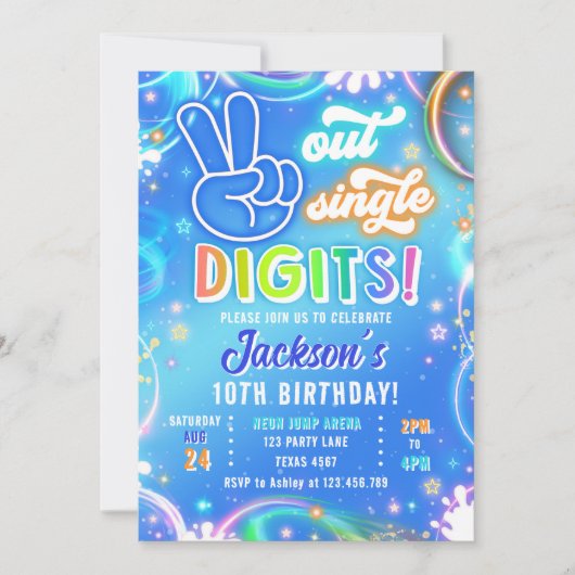 Peace Out Single Digits Neon Glow Boy Birthday 招待状 (正面)