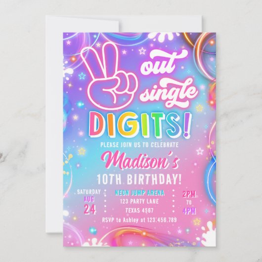 Peace Out Single Digits Neon Glow Girl Birthday 招待状 (正面)