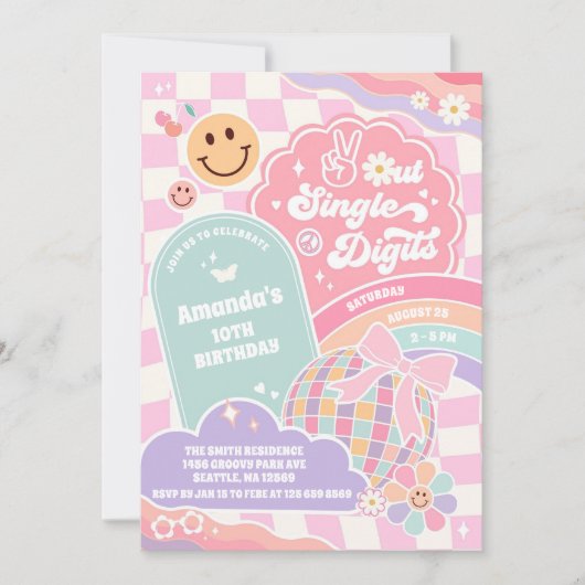 Peace Out Single Digits Rainbow Disco Birthday 招待状 (正面)