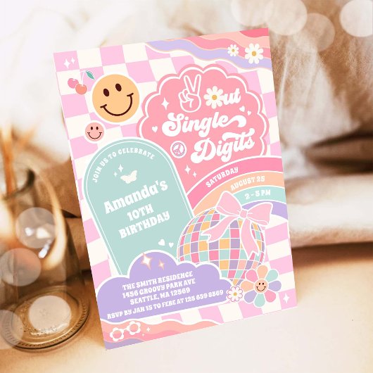 Peace Out Single Digits Rainbow Disco Birthday 招待状