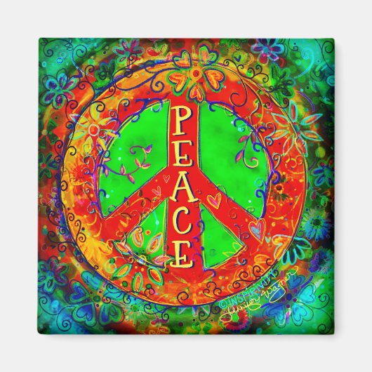 Peace Signおもしろいヒッピーカラフルフローラ刺激性 マグネット (正面)