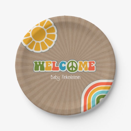 Peace Sign Groovy Welcome Baby Shower Cardstock ペーパープレート (正面)