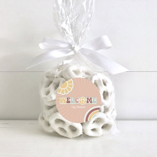 Peace Sign Groovy Welcome Pink Baby Shower Hippie ラウンドシール