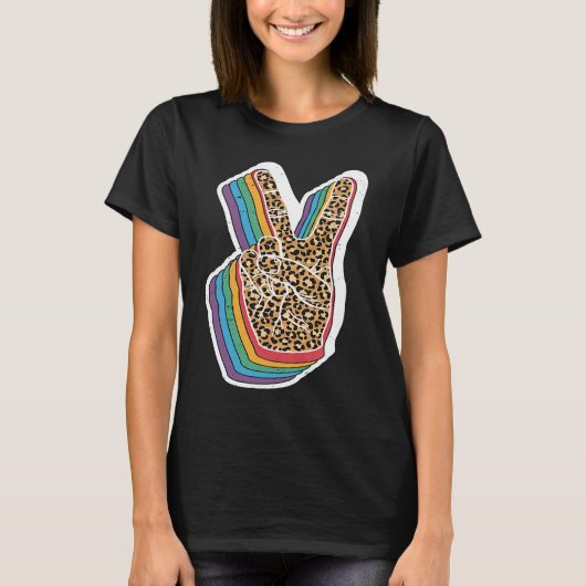 Peace Sign Hand Leopard Print Hippie Tシャツ (正面)