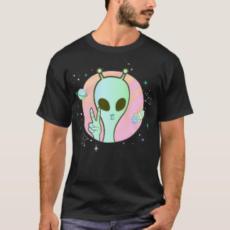 Peace Sign Hand Planet Stars UFO Cool Trippy Green Tシャツ